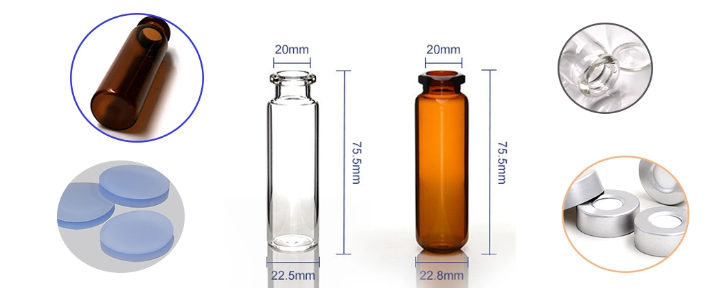 20mm Borosilicate Glass Flat Bottom Standard Crimp Headspace Vial 20ml Capacity Beveled Finish, 22.5X46mm