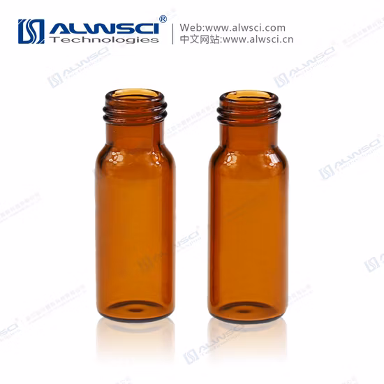 Fiala di vetro ambrato da 2 ml, 12 x 32 mm, fondo piatto, filettatura 9-425, con etichetta.